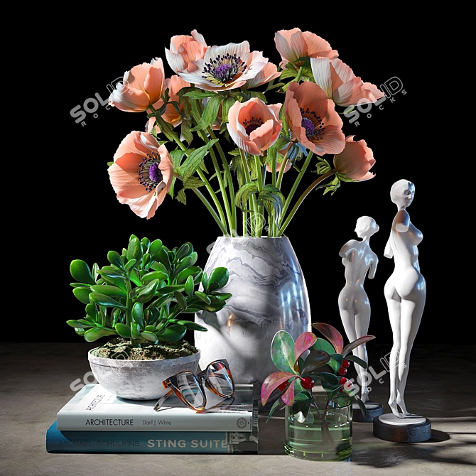 Marble Vase Anemone Set 3D model image 1