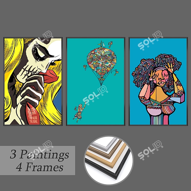 Artistic Marvel Set: 3 Paintings & 4 Frame Variants 3D model image 1