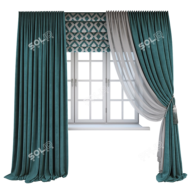 Turquoise Floor-Length Straight Curtains with Geometric Design 3D model image 1