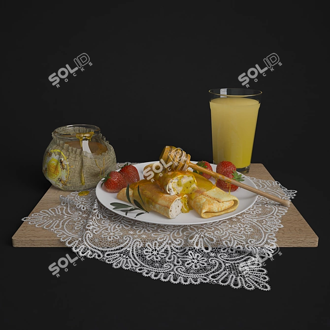 Mornings Made Perfect: Honey, Strawberry, and Plate Breakfast 3D model image 1