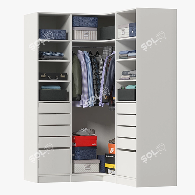 Modern White Wardrobe with Clothes 3D model image 2