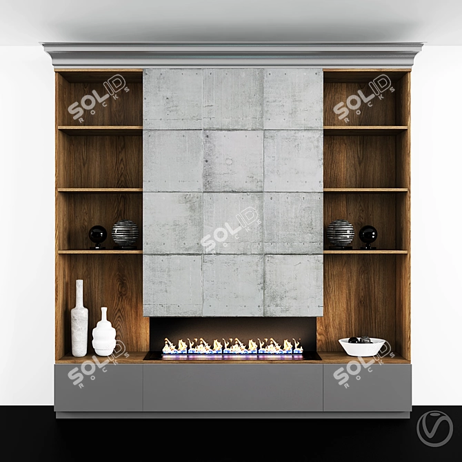 Title: Gray Wood TV and Fireplace Combo 3D model image 1