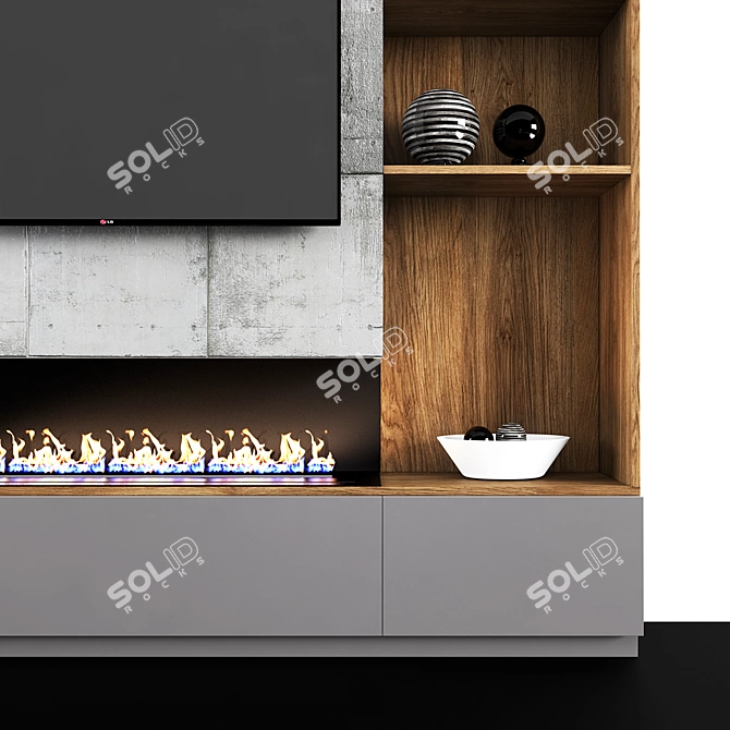 Title: Gray Wood TV and Fireplace Combo 3D model image 2