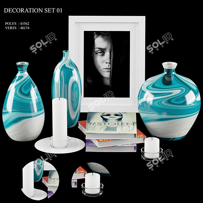 Decorative Set: Ceramic Vases, Photo Frame, Books, Candle, Plate 3D model image 1