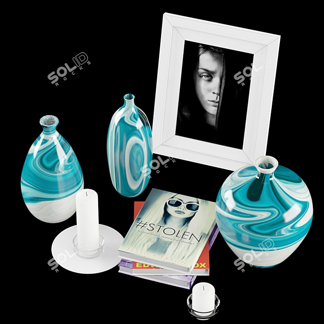 Decorative Set: Ceramic Vases, Photo Frame, Books, Candle, Plate 3D model image 3