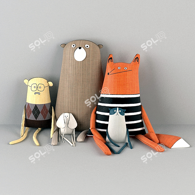 Adorable Textile Animal Toys 3D model image 1