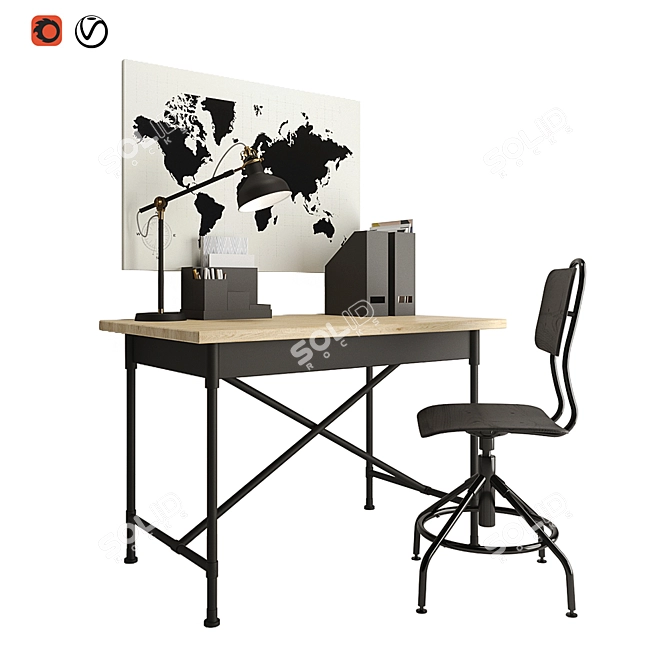 Modern Black Office Set: Desk, Chair, Lamp, Board 3D model image 1