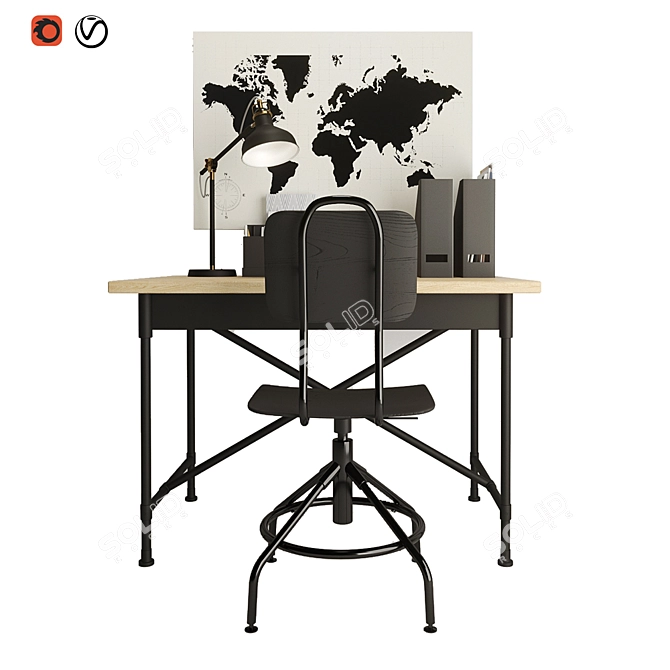 Modern Black Office Set: Desk, Chair, Lamp, Board 3D model image 2