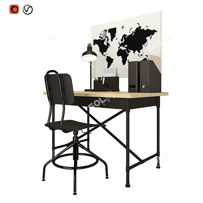 Modern Black Office Set: Desk, Chair, Lamp, Board 3D model image 3