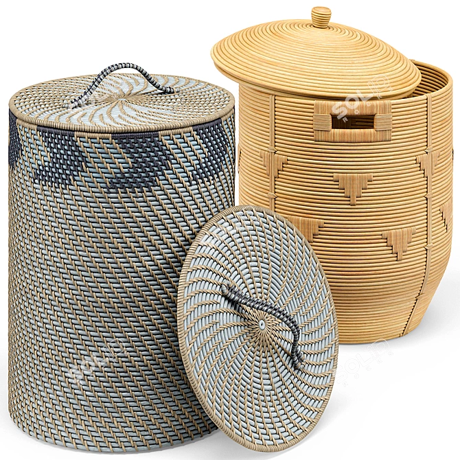 Coastal Chevron Rattan Storage Basket 3D model image 1