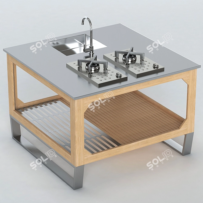 Sleek Steel & Wood Outdoor Kitchen 3D model image 1