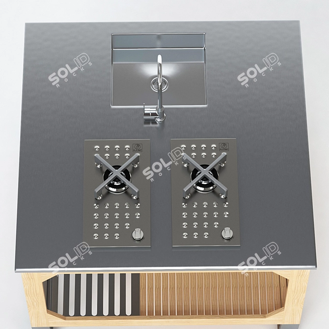 Sleek Steel & Wood Outdoor Kitchen 3D model image 2