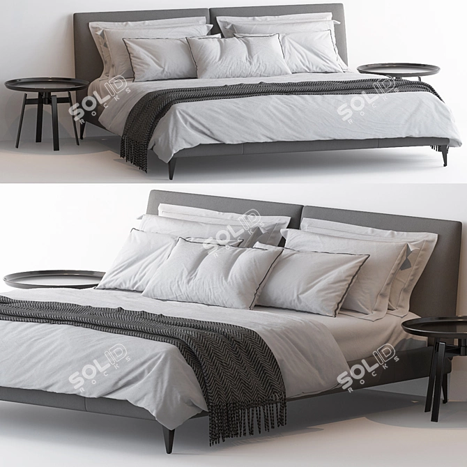 Sleek Selene Bed & Minimalistic Husk Side Table 3D model image 1