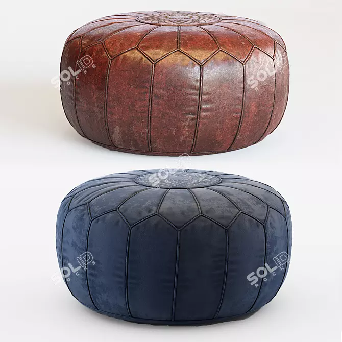 Vintage Moroccan Leather Pouf - Hand Tooled 3D model image 1