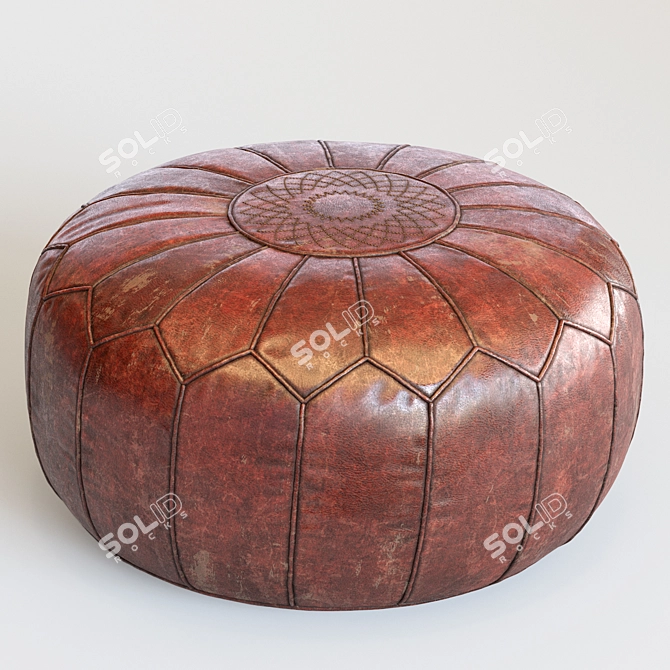 Vintage Moroccan Leather Pouf - Hand Tooled 3D model image 2