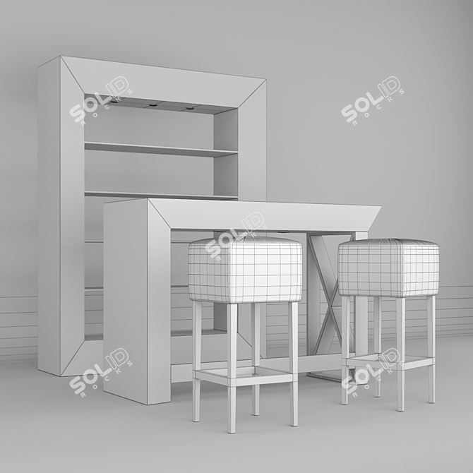 Compact Mini Bar with 2 Stools 3D model image 2
