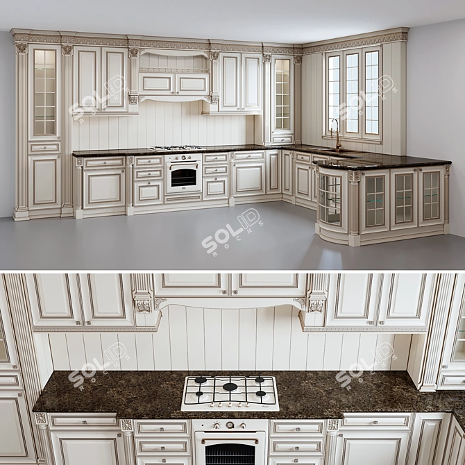 Elegant Ivory Gold Kitchen 3D model image 1