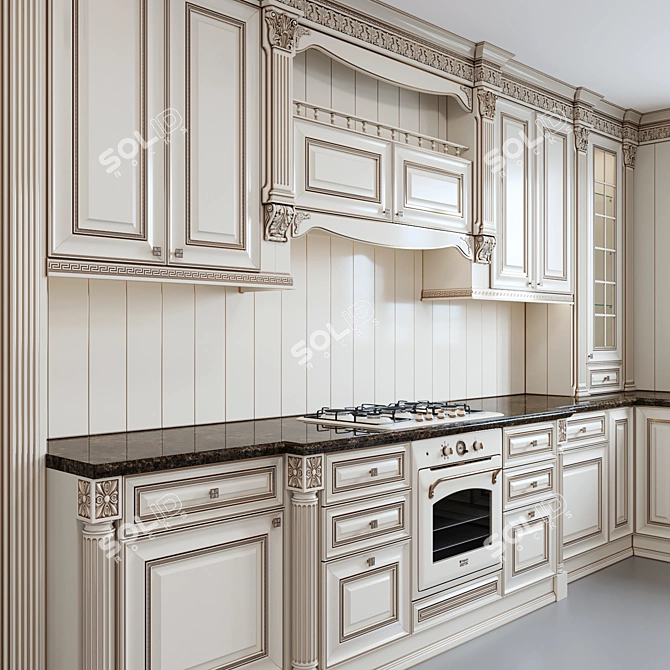 Elegant Ivory Gold Kitchen 3D model image 2