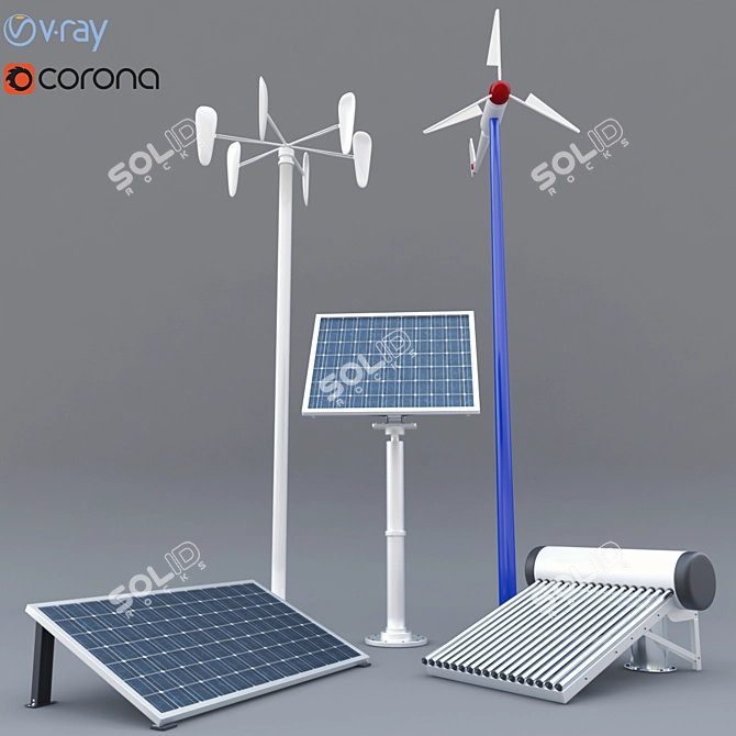 EcoPower Combo: Solar Panel, Heater & Wind Turbine 3D model image 1