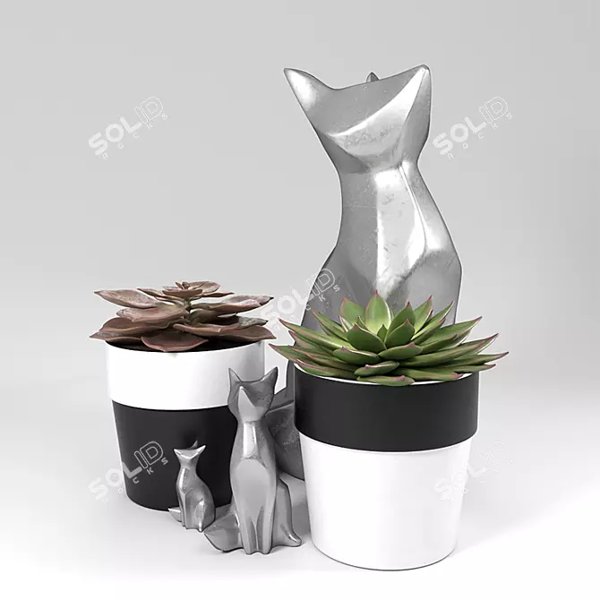 Metal Fox Sculptures with Pot Succulents 3D model image 1