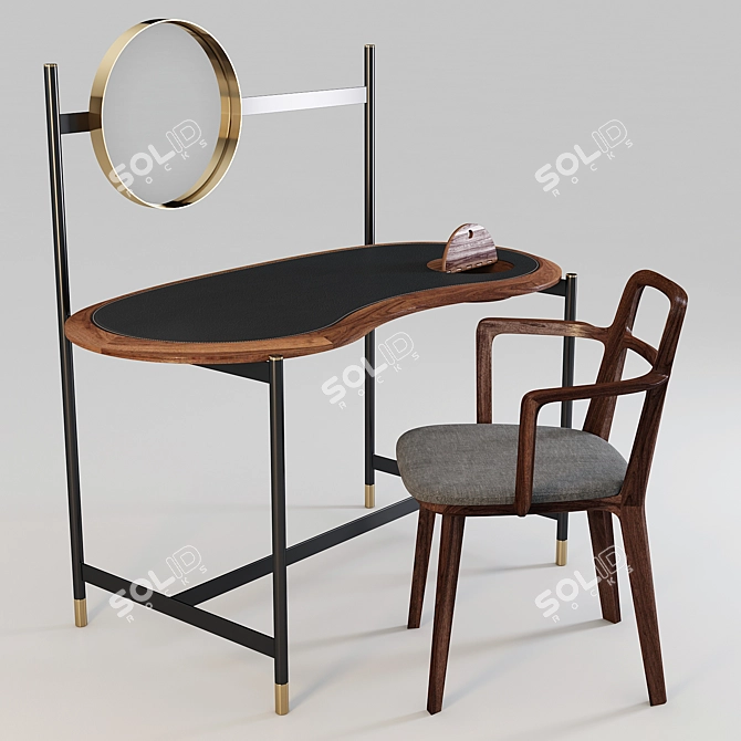 Porada Ninfea & Rosita: Walnut Desk/Dressing Table with Brass Details and Fabric Chair 3D model image 1