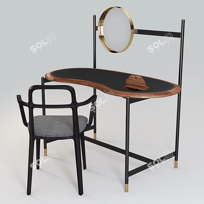 Porada Ninfea & Rosita: Walnut Desk/Dressing Table with Brass Details and Fabric Chair 3D model image 2