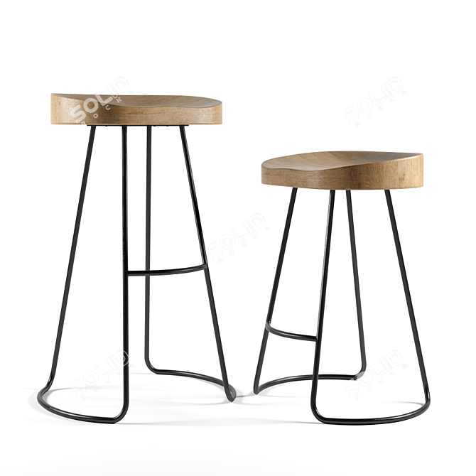 Retro Revival Oak & Iron Stools 3D model image 1