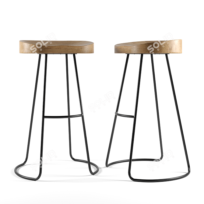 Retro Revival Oak & Iron Stools 3D model image 4