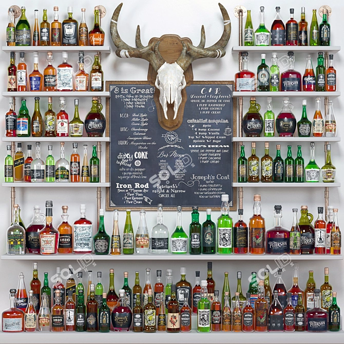 Elegant Bar Display: 50+ Unique Bottles, Decorative Deer Skull 3D model image 1