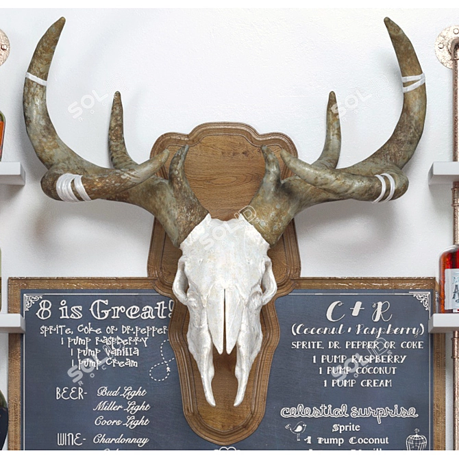 Elegant Bar Display: 50+ Unique Bottles, Decorative Deer Skull 3D model image 2