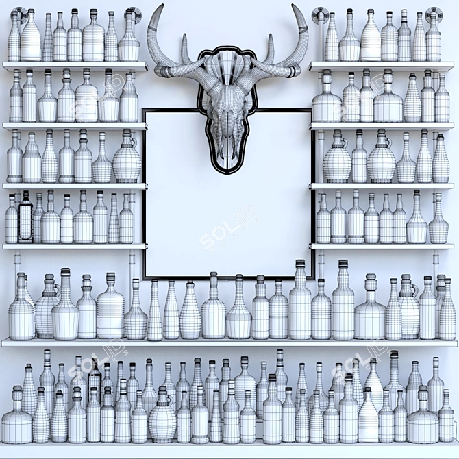 Elegant Bar Display: 50+ Unique Bottles, Decorative Deer Skull 3D model image 3