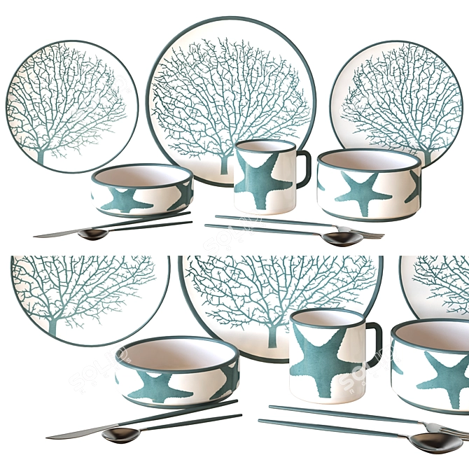 Sea Decor Ceramic Crockery Set 3D model image 1