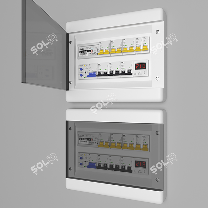 Modular Electric Board with Circuit Breakers, Control Relays, and Voltmeter 3D model image 1