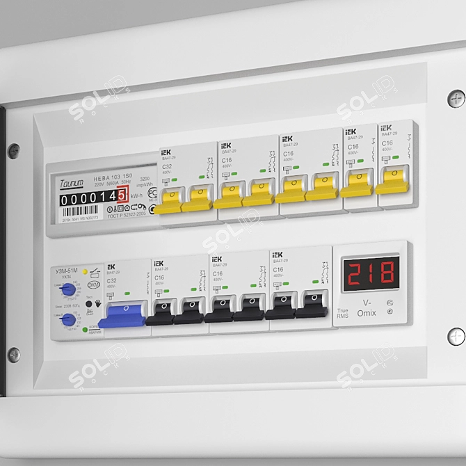 Modular Electric Board with Circuit Breakers, Control Relays, and Voltmeter 3D model image 3