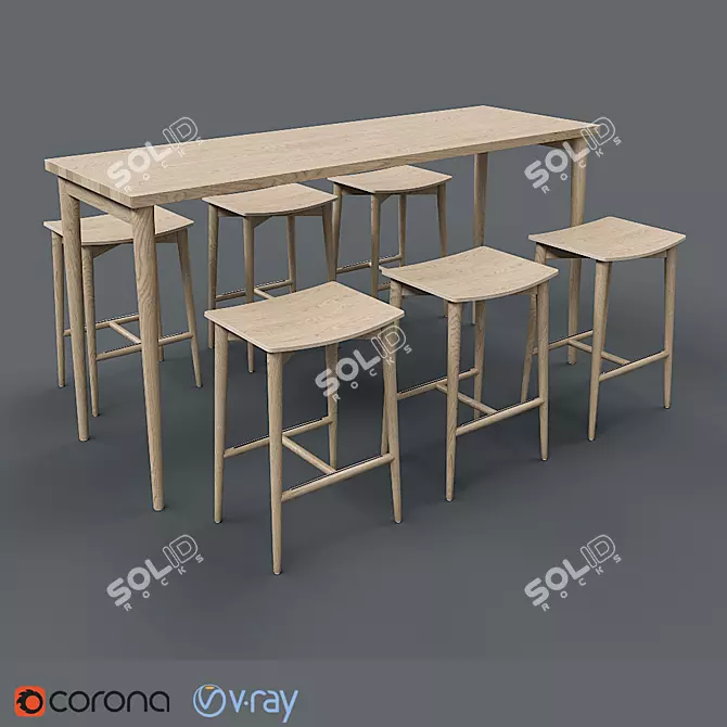 Stylish Oak Stool & Table 3D model image 1