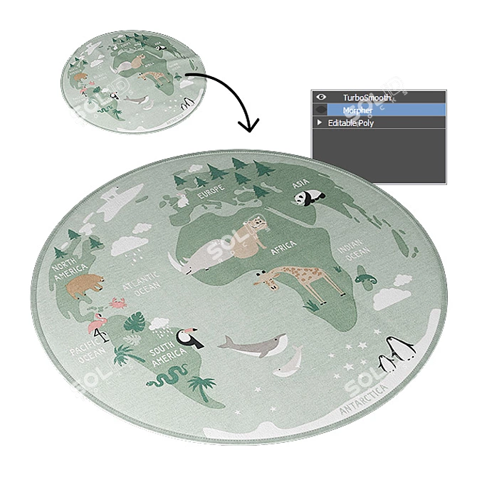Green World Map Cotton Round Rug 3D model image 2