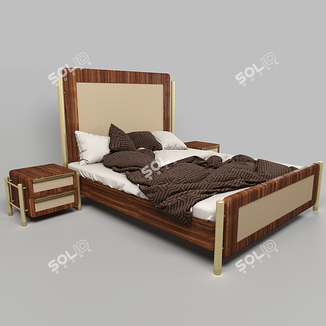 Custom Design Wood and Brass Bed 3D model image 2