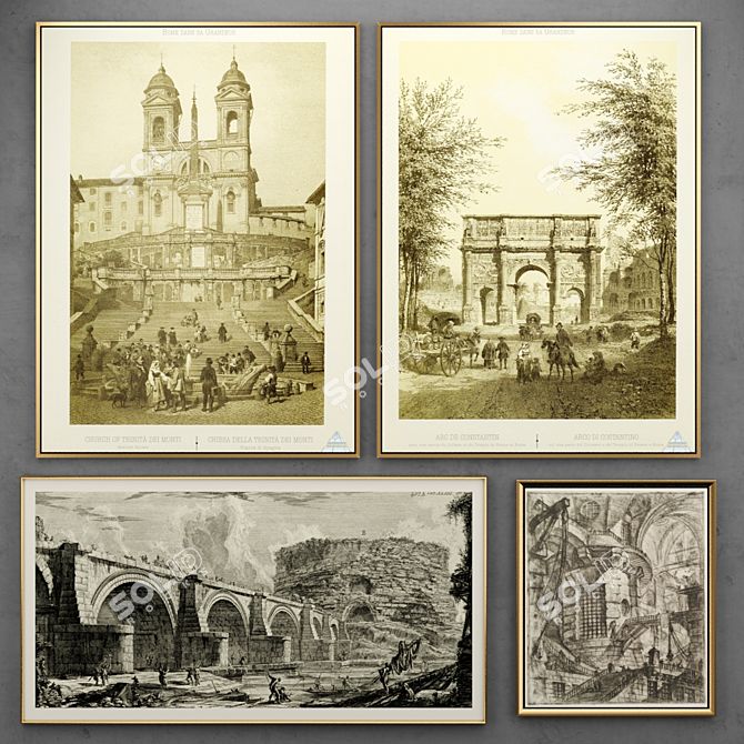 Title: Rome Engravings Set | Vintage Grayscale Views 3D model image 1