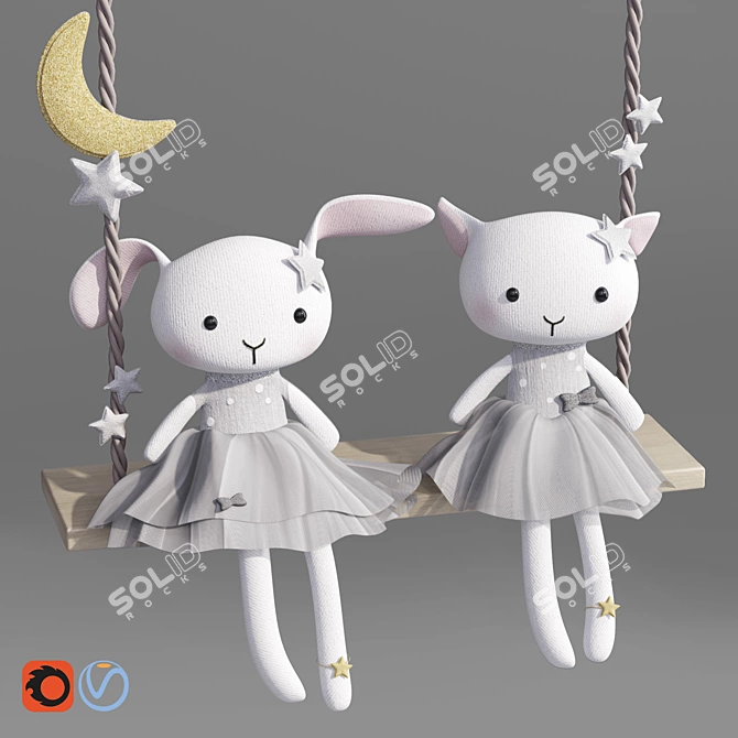 Rabbit and Cat Plush Swing Toy: A Whimsical Playtime Delight 3D model image 1