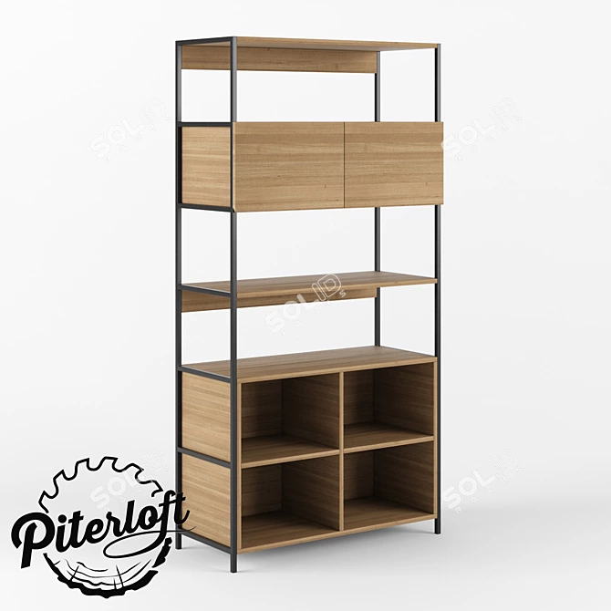 Rustic Wood & Metal Loft Shelf 3D model image 1