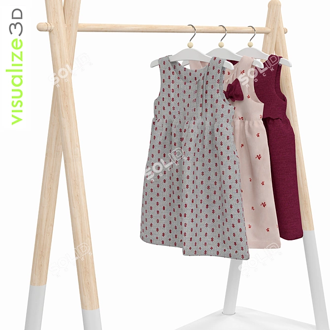 Adorable Baby Dresses in Wood Rack 3D model image 2