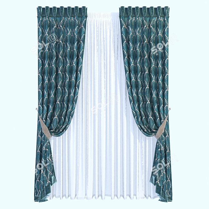 Velvet Trimmed Manual Fold Curtain 3D model image 1