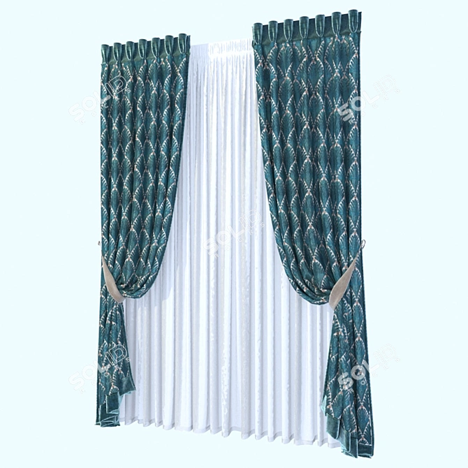 Velvet Trimmed Manual Fold Curtain 3D model image 2