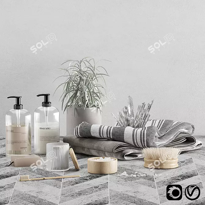 Marble Bathroom Set: Bodywash, Shampoo, Soap, Towels 3D model image 1