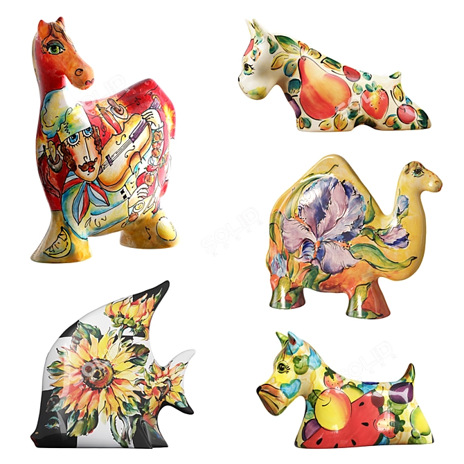 Turov Art Ceramic Figurines: Fish, Camel, Boxer Dog, Horse, Dog 3D model image 1