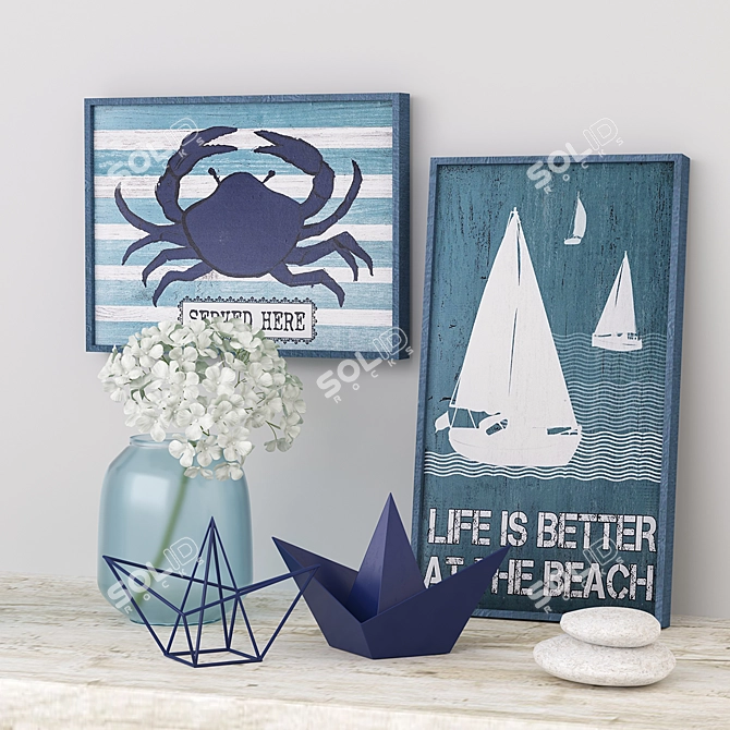 Sea-inspired Decor Set: Paintings, Ships, Stones, and Vase 3D model image 1