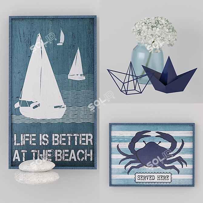 Sea-inspired Decor Set: Paintings, Ships, Stones, and Vase 3D model image 2