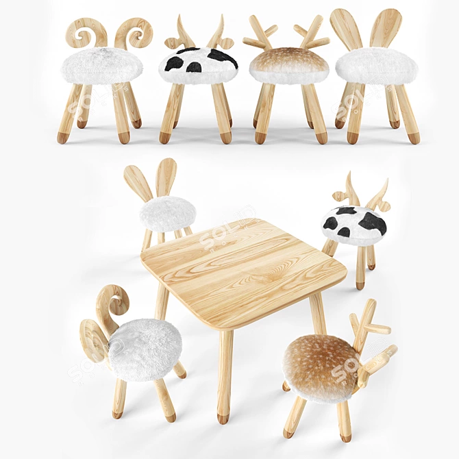 Animal Wooden Set - Handmade High-Quality Chairs & Table 3D model image 1