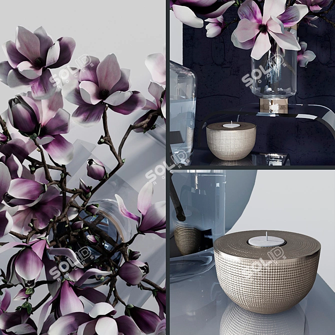 Elegant Magnolia Decor Set 3D model image 2