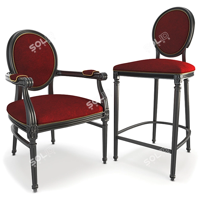 Elegant Baroque Armchair and Stool Set 3D model image 1